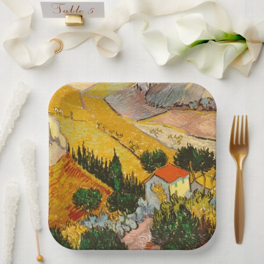 Landschap met House en Ploughma Vincent van Gogh Papieren Bordje (Huwelijk)