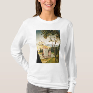 Landschap met kasteel in een mat en twee zwanen t-shirt