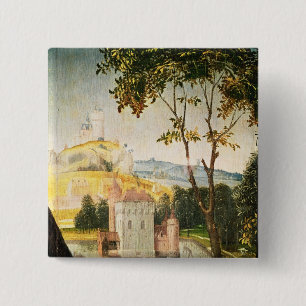 Landschap met kasteel in een mat en twee zwanen vierkante button 5,1 cm