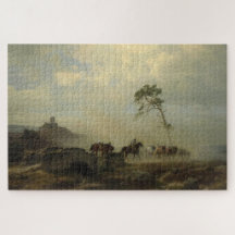 Landschap met kasteelruïnes en ruiters