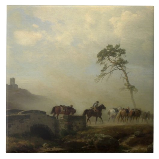 Landschap met kasteelruïnes en ruiters tegeltje (Voorkant)