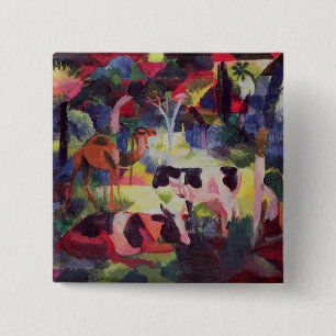 Landschap met koeien en een kamel vierkante button 5,1 cm