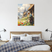 Landschap met Meisje & Bloemen | Waterverf Canvas Afdruk (Insitu (Slaapkamer))