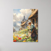 Landschap met Meisje & Bloemen | Waterverf Canvas Afdruk (Voorkant)