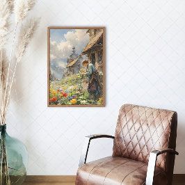 Landschap met Meisje & Bloemen | Waterverf Canvas Afdruk