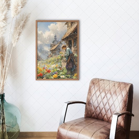 Landschap met Meisje & Bloemen | Waterverf Canvas Afdruk