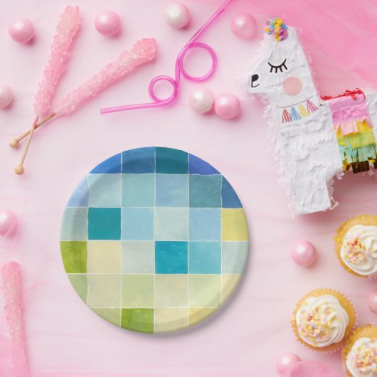 Landschap met multigekleurde vierkantjes papieren bordje (Feest)