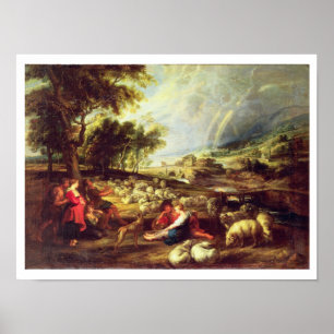 Landschap met regenboog (olie op doek) poster