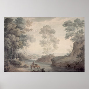Landschap met rivieren en paarden poster