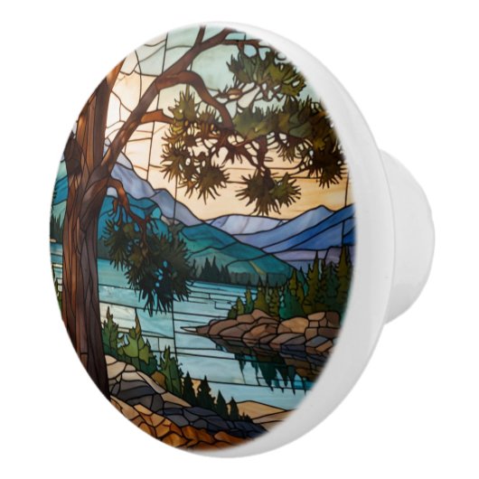 Landschap met robuuste bergketen in glas in lood keramische knop (Rechts)
