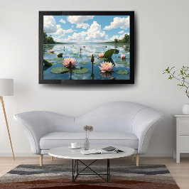 Landschap met roze waterbloesems en bewolkte lucht perfect poster