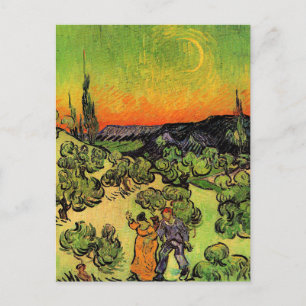 Landschap met stel wandelend, halve maan, briefkaart