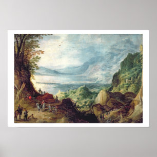 Landschap met Zee en bergen (olie op doek) Poster