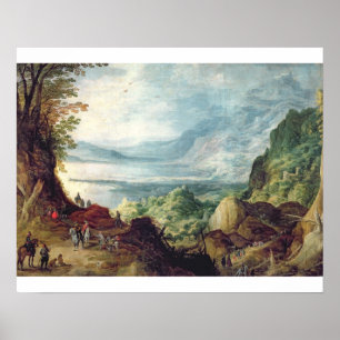 Landschap met Zee en bergen (olie op doek) Poster