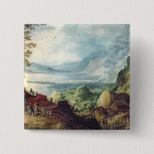 Landschap met Zee en bergen (olie op doek) Vierkante Button 5,1 Cm