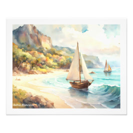 Landschap met zee- en zeilschepen foto afdruk