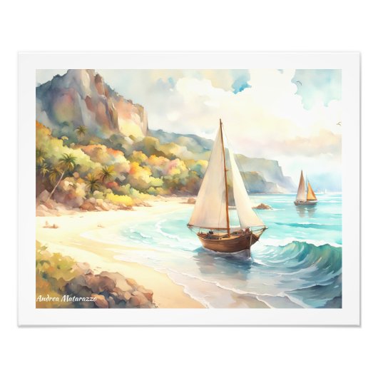 Landschap met zee- en zeilschepen foto afdruk (Voorkant)