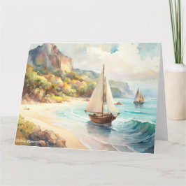 Landschap met zee- en zeilschepen kaart