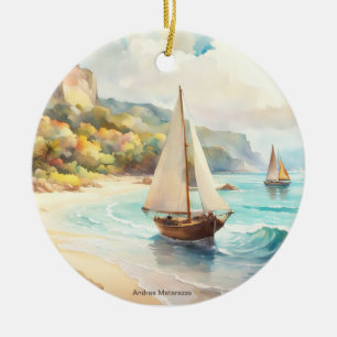 Landschap met zee- en zeilschepen keramisch ornament