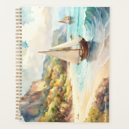 Landschap met zee- en zeilschepen planner