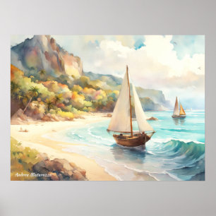 Landschap met zee- en zeilschepen poster