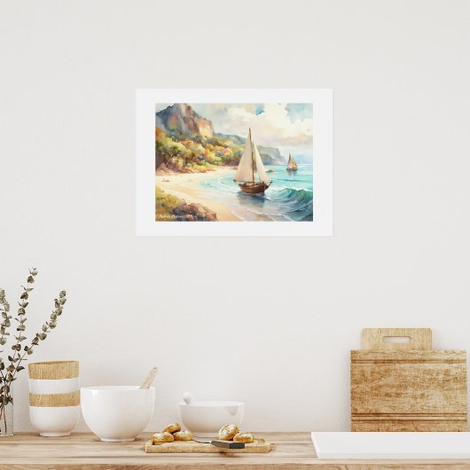 Landschap met zee- en zeilschepen poster (Keuken)