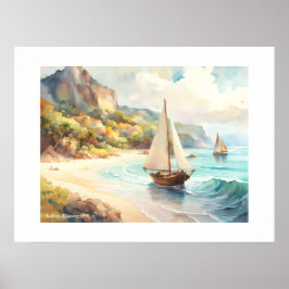 Landschap met zee- en zeilschepen poster
