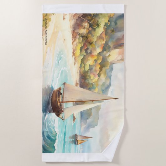 Landschap met zee- en zeilschepen strandlaken (Voorkant)