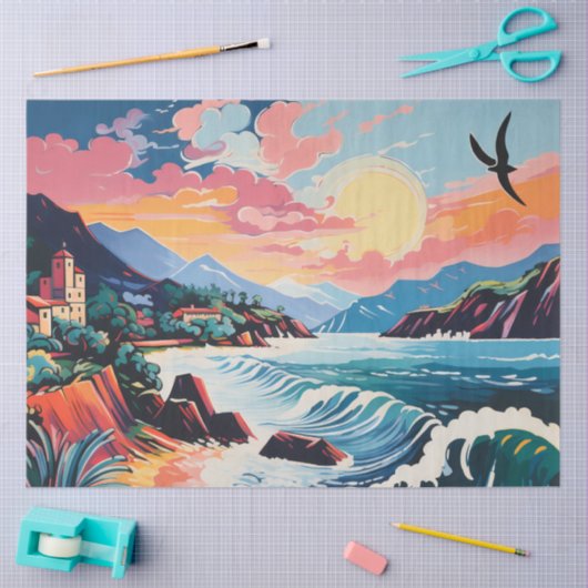 Landschap Oude Stad, Bergen, Zee Tissuepapier (Craft)