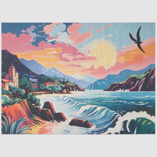 Landschap Oude Stad, Bergen, Zee Tissuepapier (Voorkant)