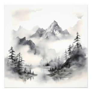 Landschap River Ink Painting Foto Afdruk