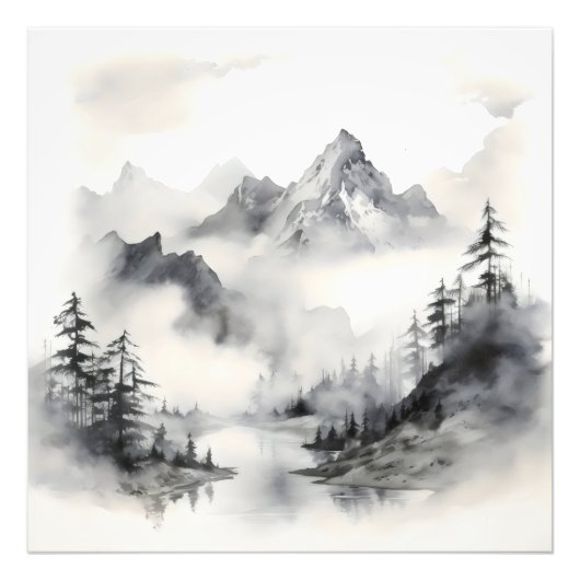 Landschap River Ink Painting Foto Afdruk (Voorkant)