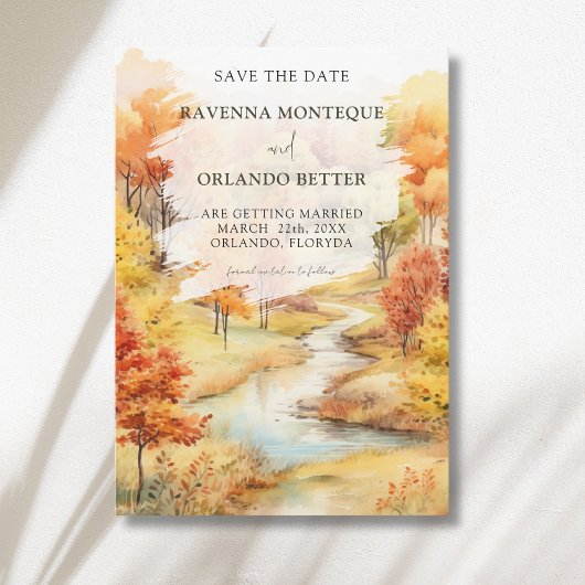 Landschap Rode Herfst Rivier Bos Bruiloft Save The Date