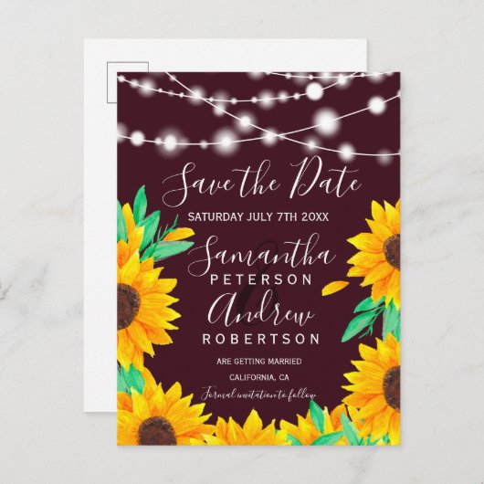 Landschap rode kerstverlichting zonnebloemen save  aankondigingskaart (Voorkant / Achterkant)