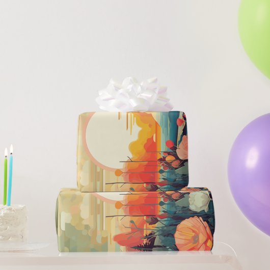 Landschap rood en wit klaprozen zon cadeaupapier (Feestgeschenken)