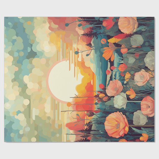 Landschap rood en wit klaprozen zon cadeaupapier (Vlak)