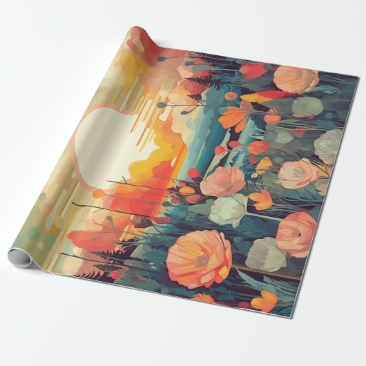 Landschap rood en wit klaprozen zon cadeaupapier (Uitgerold)