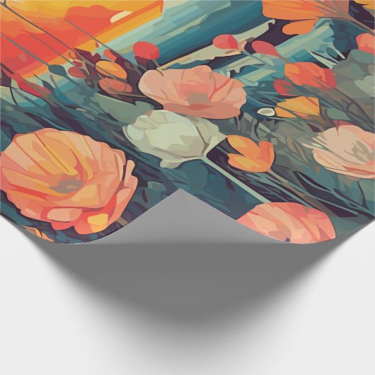 Landschap rood en wit klaprozen zon cadeaupapier (Hoek)