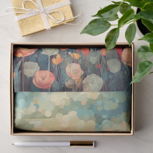 Landschap rood en wit klaprozen zon tissuepapier (Geschenk)