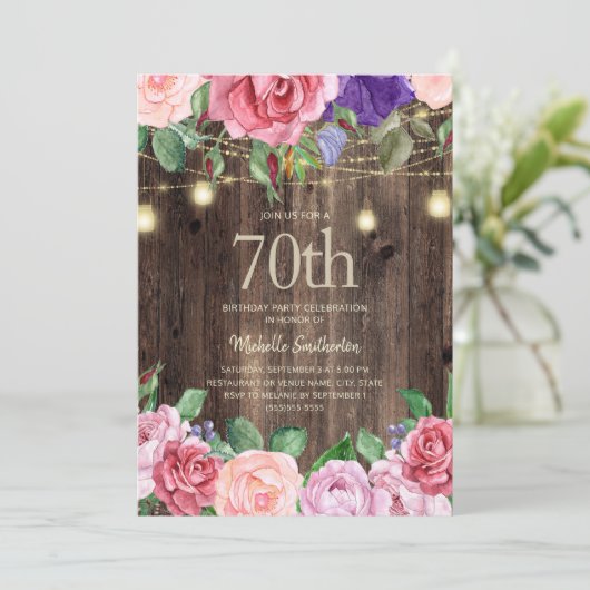 Landschap roze paarse bloemen slingerlampjes 70ste kaart (Staand voorkant)