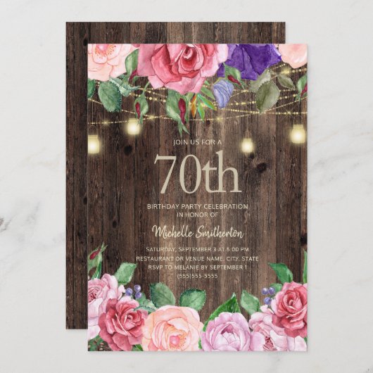 Landschap roze paarse bloemen slingerlampjes 70ste kaart (Voorkant / Achterkant)