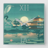 Landschap Scene Pagoda Crane Square Wall klok (Voorkant)