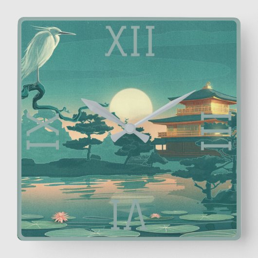 Landschap Scene Pagoda Crane Square Wall klok (Voorkant)