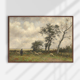 Landschap, schaap en herder, beeldende kunst. poster