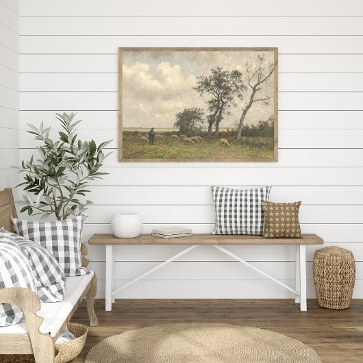 Landschap, schaap en herder,  beeldende kunst. poster