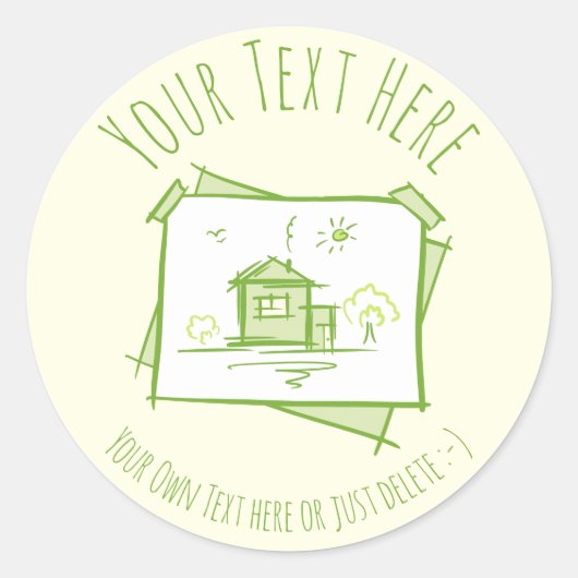 Landschap van het huis Doodle. Onroerend goed Gift Ronde Sticker (Voorkant)
