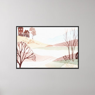 landschap van heuvels met kleine huizen canvas afdruk