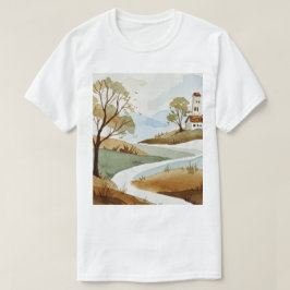 landschap van heuvels met kleine huizen t-shirt