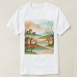 landschap van heuvels met kleine huizen t-shirt