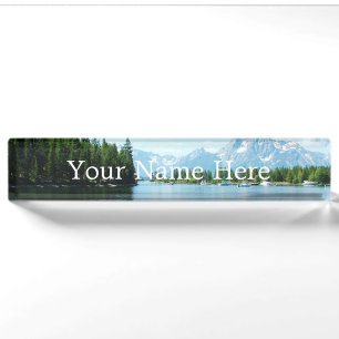 Landschap van meer, berg, lucht, voeg je naam toe naambordje